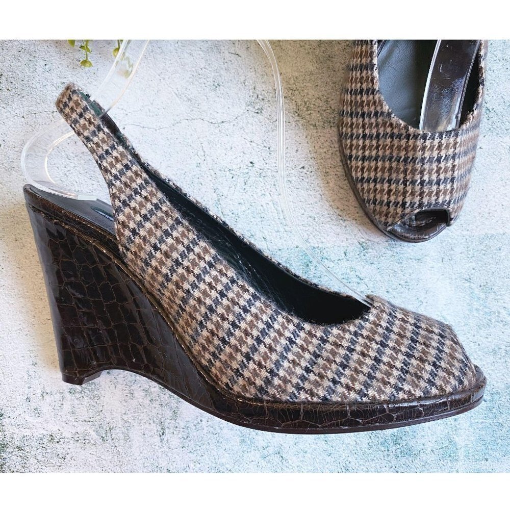 DONALD J PLINER Brown Tartan Plaid Sling Back Wedge Heels Peep Toe Sz 7.5M